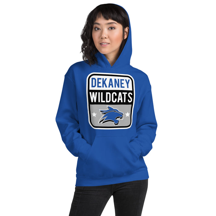 Woman wearing Dekaney High School Wildcats Royal Blue Classic Unisex Hoodie 001