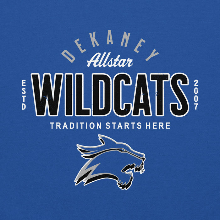 Close-up view of Dekaney High School Wildcats Royal Blue Classic Unisex Hoodie 040