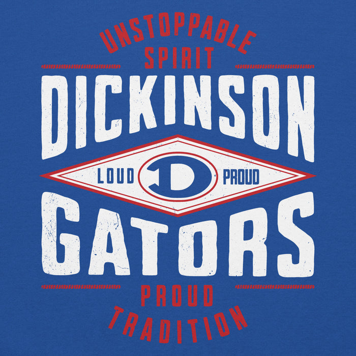 Close-up view of Dickinson High School Gators Royal Blue Classic Unisex Hoodie 210