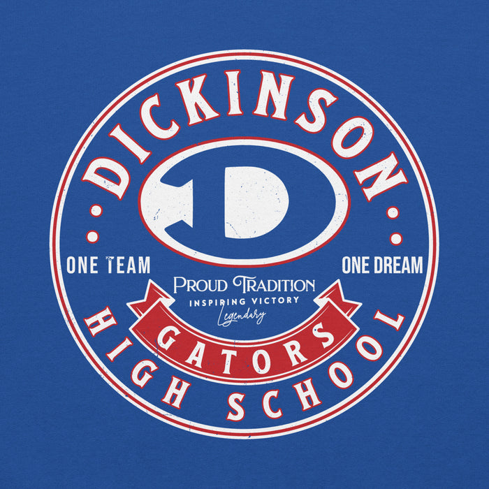 Close-up view of Dickinson High School Gators Royal Blue Classic Unisex Hoodie 215