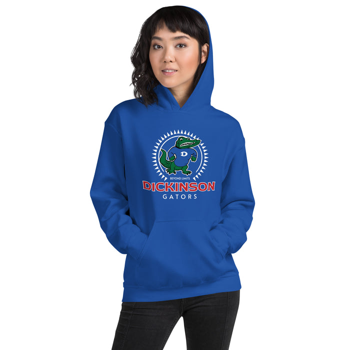 Woman wearing Dickinson High School Gators Royal Blue Classic Unisex Hoodie 226