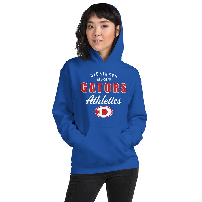 Woman wearing Dickinson High School Gators Royal Blue Classic Unisex Hoodie 034