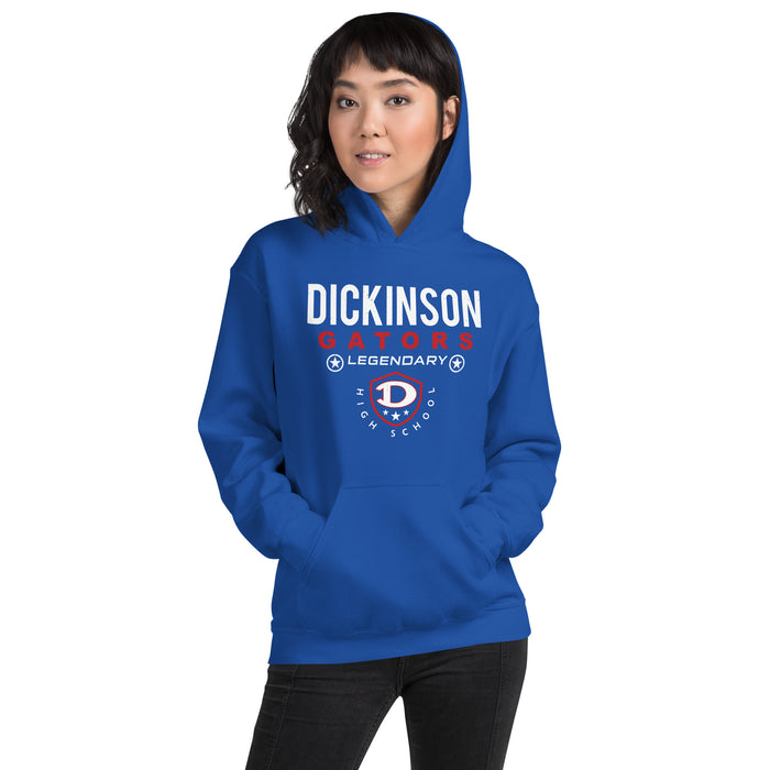 Woman wearing Dickinson High School Gators Royal Blue Classic Unisex Hoodie 003