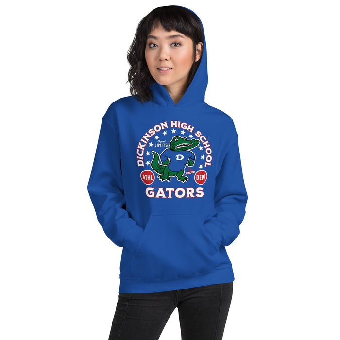 Woman wearing Dickinson High School Gators Royal Blue Classic Unisex Hoodie 208