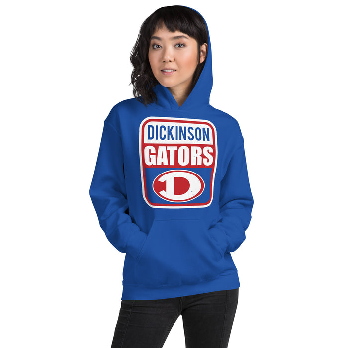 Woman wearing Dickinson High School Gators Royal Blue Classic Unisex Hoodie 001