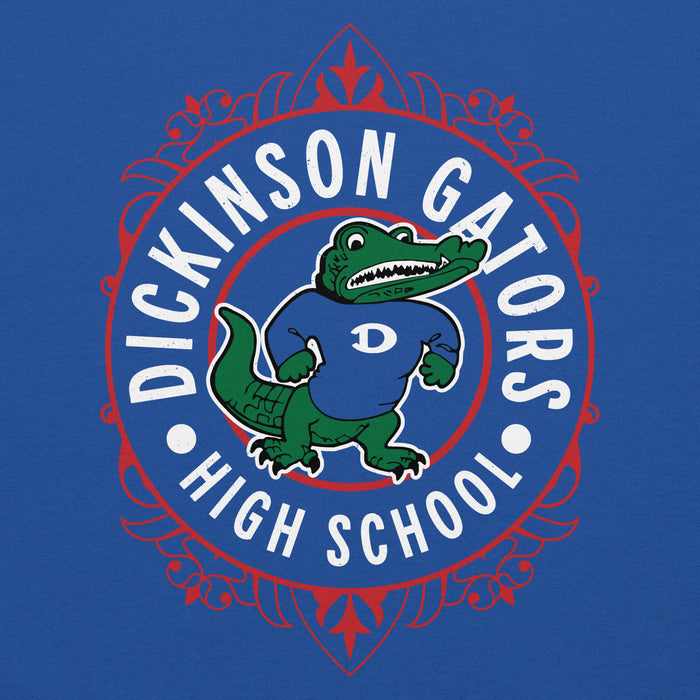 Close-up view of Dickinson High School Gators Royal Blue Classic Unisex Hoodie 227