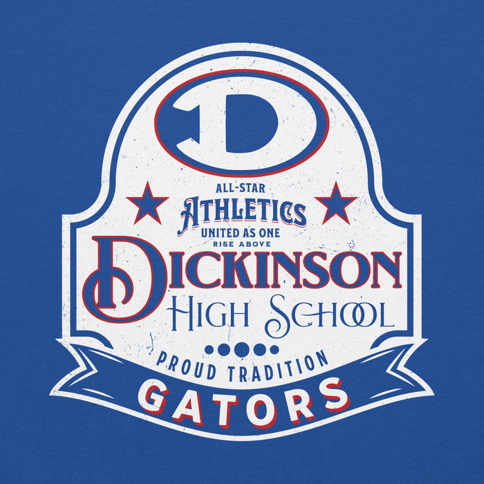 Close-up view of Dickinson High School Gators Royal Blue Classic Unisex Hoodie 219