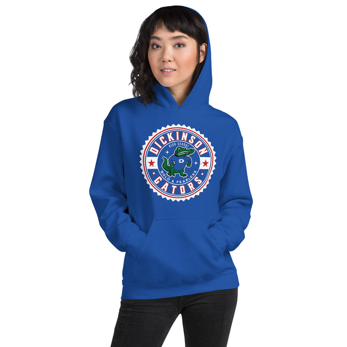 Woman wearing Dickinson High School Gators Royal Blue Classic Unisex Hoodie 203