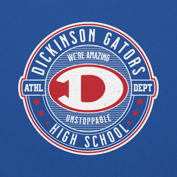 Close-up view of Dickinson High School Gators Royal Blue Classic Unisex Hoodie 224