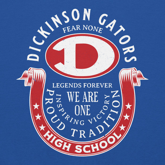 Close-up view of Dickinson High School Gators Royal Blue Classic Unisex Hoodie 229