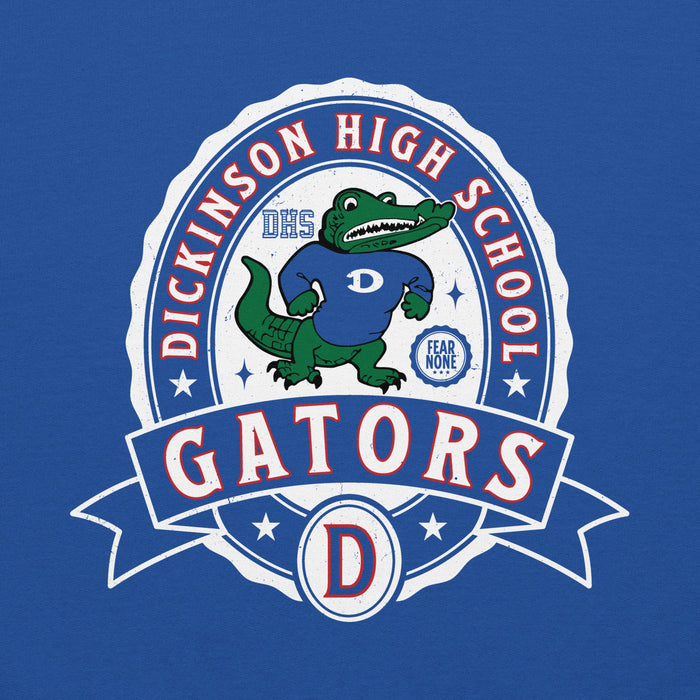 Close-up view of Dickinson High School Gators Royal Blue Classic Unisex Hoodie 212