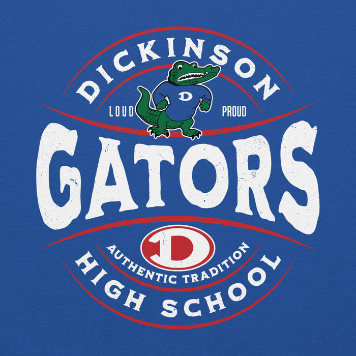 Close-up view of Dickinson High School Gators Royal Blue Classic Unisex Hoodie 218