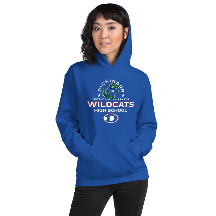 Woman wearing Dickinson High School Gators Royal Blue Classic Unisex Hoodie 222