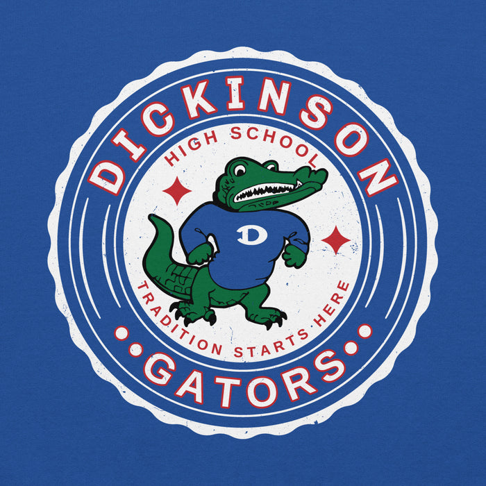 Close-up view of Dickinson High School Gators Royal Blue Classic Unisex Hoodie 216