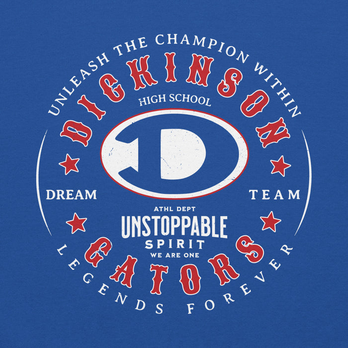 Close-up view of Dickinson High School Gators Royal Blue Classic Unisex Hoodie 214