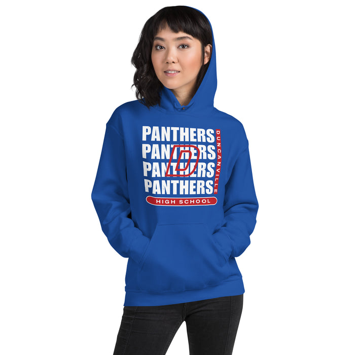 Woman wearing Duncanville High School Panthers Royal Blue Classic Unisex Hoodie 235