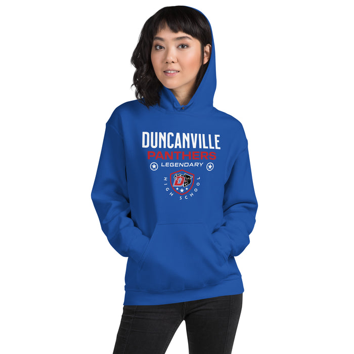 Woman wearing Duncanville High School Panthers Royal Blue Classic Unisex Hoodie 003