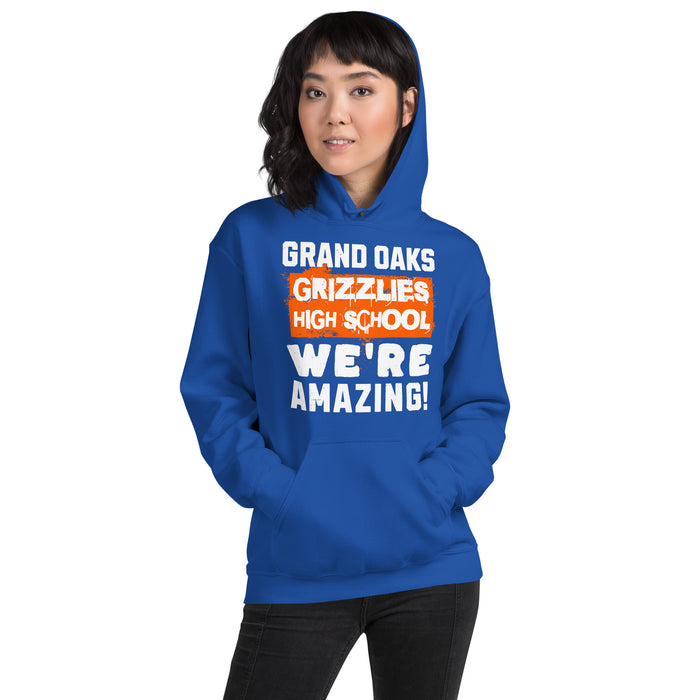 Woman wearing Grand Oaks High School Grizzlies Royal Blue Classic Unisex Hoodie 231