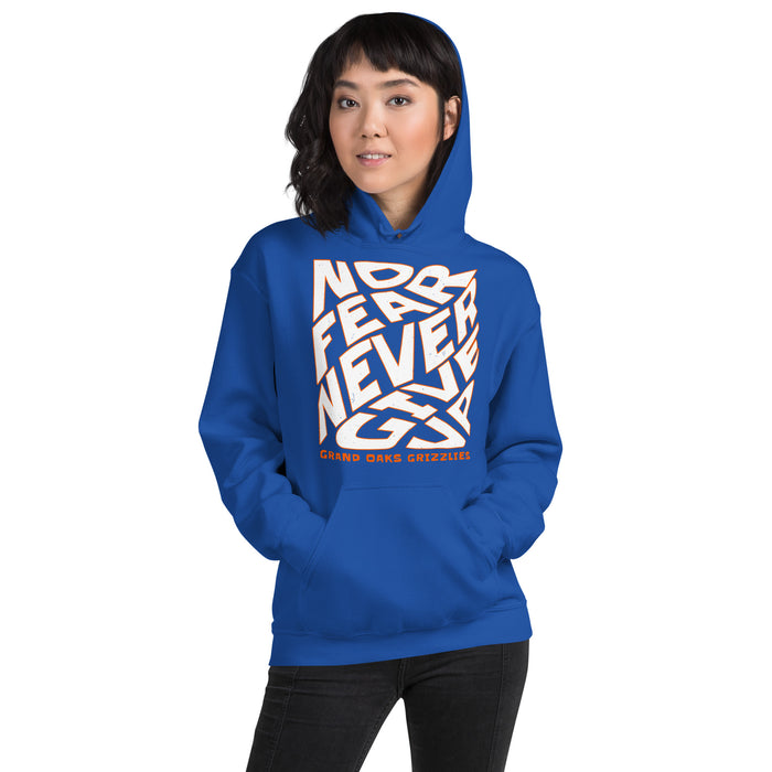Woman wearing Grand Oaks High School Grizzlies Royal Blue Classic Unisex Hoodie 236