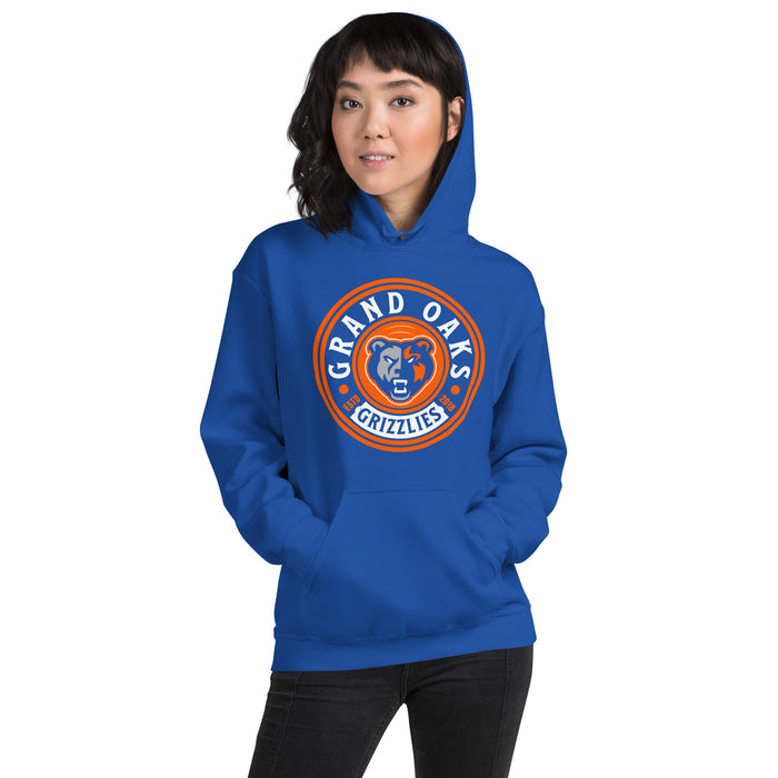 Woman wearing Grand Oaks High School Grizzlies Royal Blue Classic Unisex Hoodie 220