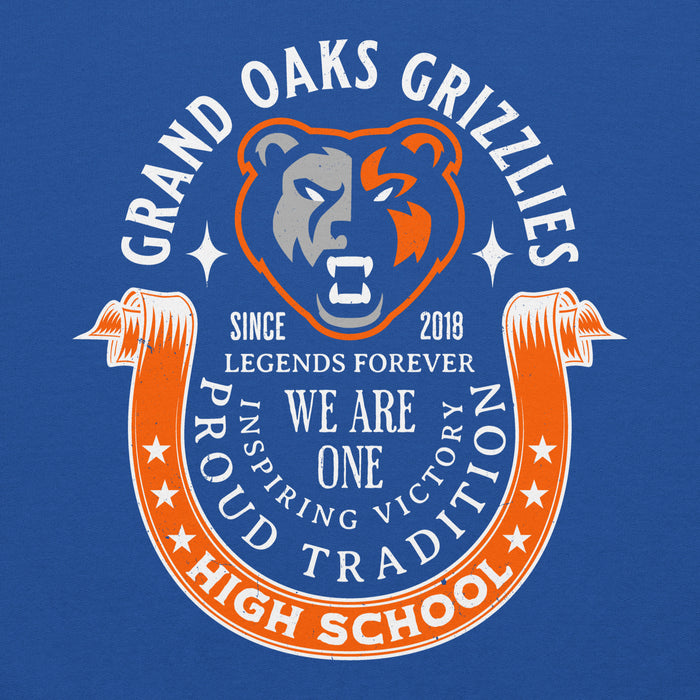 Close-up view of Grand Oaks High School Grizzlies Royal Blue Classic Unisex Hoodie 229