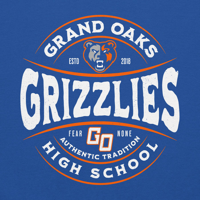 Close-up view of Grand Oaks High School Grizzlies Royal Blue Classic Unisex Hoodie 218