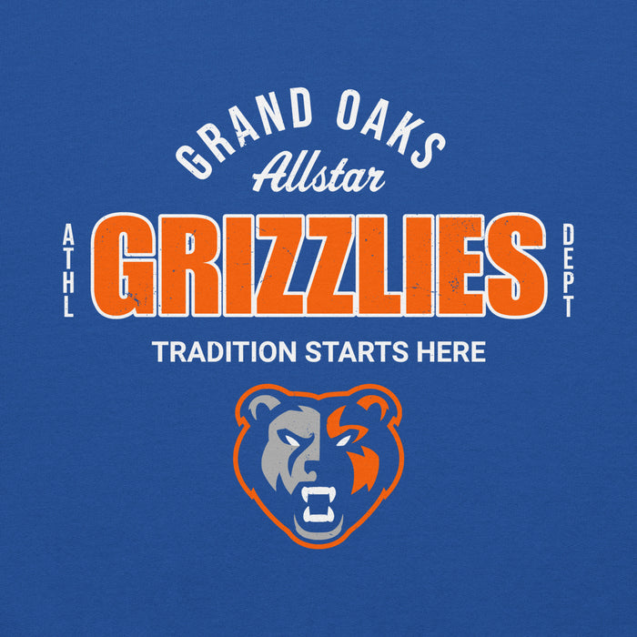 Close-up view of Grand Oaks High School Grizzlies Royal Blue Classic Unisex Hoodie 040