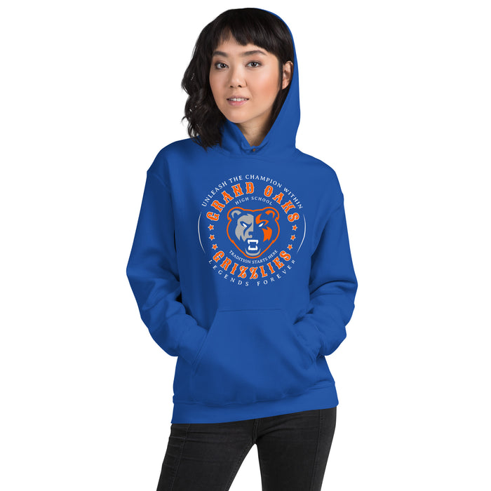 Woman wearing Grand Oaks High School Grizzlies Royal Blue Classic Unisex Hoodie 214