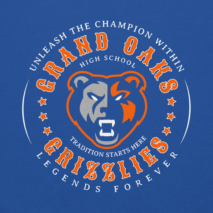 Close-up view of Grand Oaks High School Grizzlies Royal Blue Classic Unisex Hoodie 214