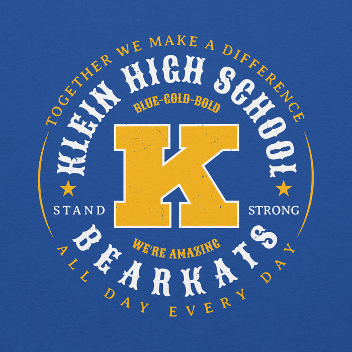 Close-up view of Klein High School Bearkats Royal Blue Classic Unisex Hoodie 214