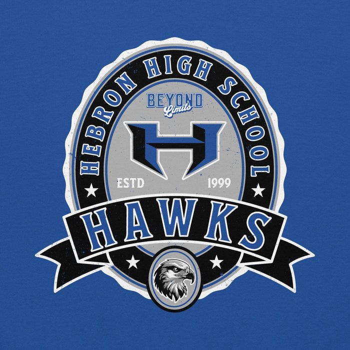 Close-up view of Hebron High School Hawks Royal Blue Classic Unisex Hoodie 212