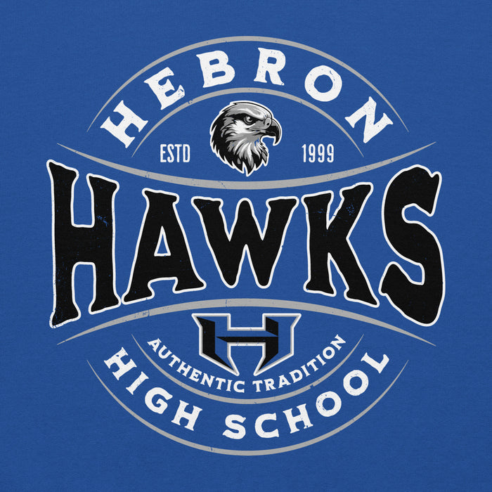 Close-up view of Hebron High School Hawks Royal Blue Classic Unisex Hoodie 218