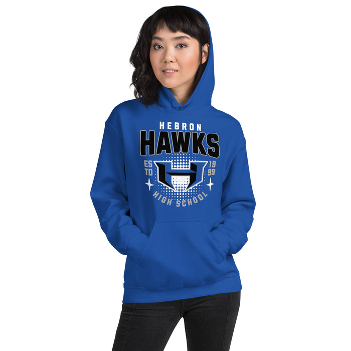 Woman wearing Hebron High School Hawks Royal Blue Classic Unisex Hoodie 204