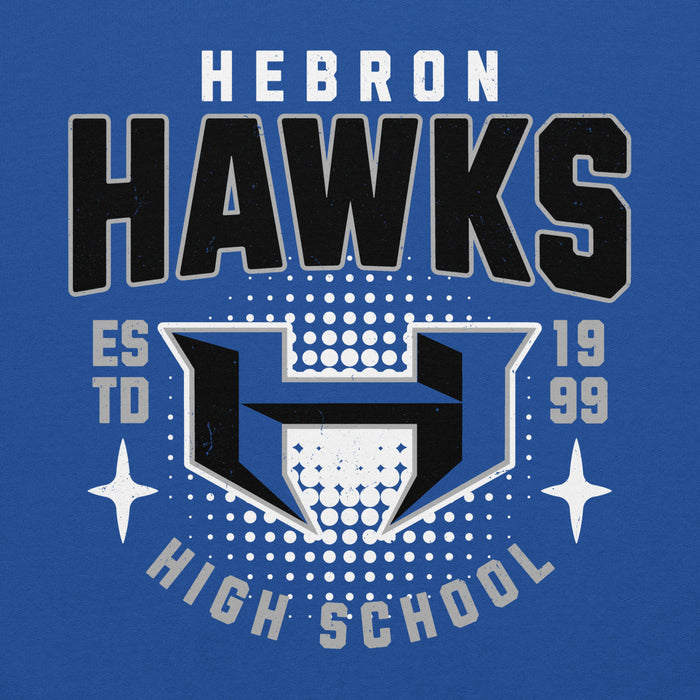 Close-up view of Hebron High School Hawks Royal Blue Classic Unisex Hoodie 204