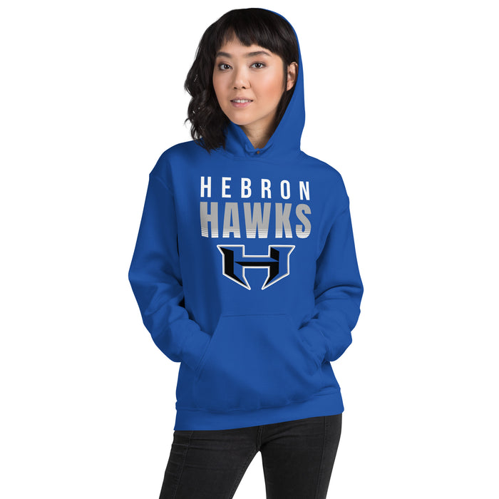 Woman wearing Hebron High School Hawks Royal Blue Classic Unisex Hoodie 024