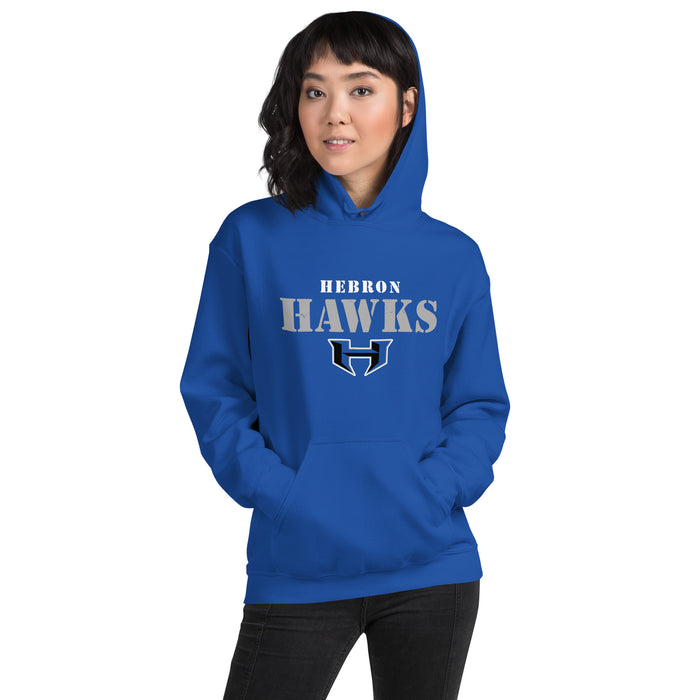 Woman wearing Hebron High School Hawks Royal Blue Classic Unisex Hoodie 017