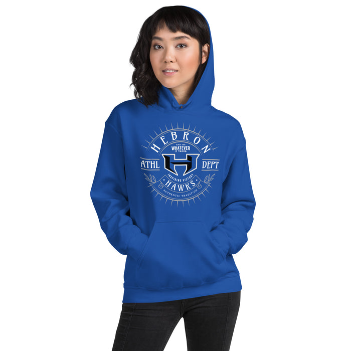 Woman wearing Hebron High School Hawks Royal Blue Classic Unisex Hoodie 201