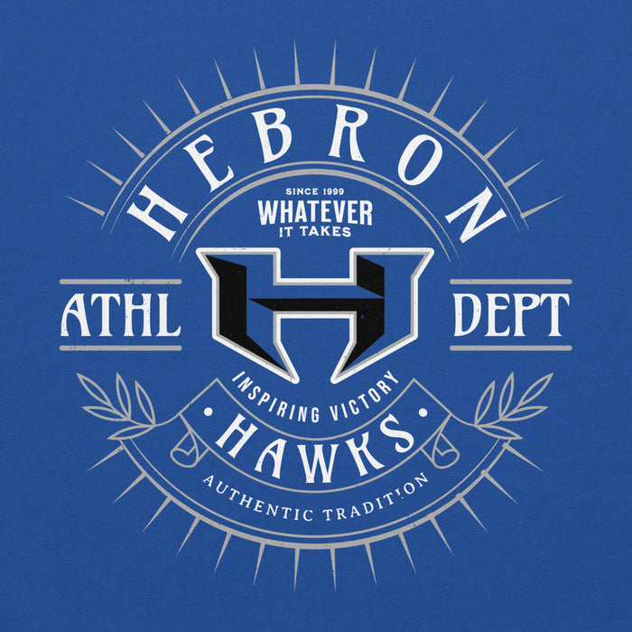 Close-up view of Hebron High School Hawks Royal Blue Classic Unisex Hoodie 201