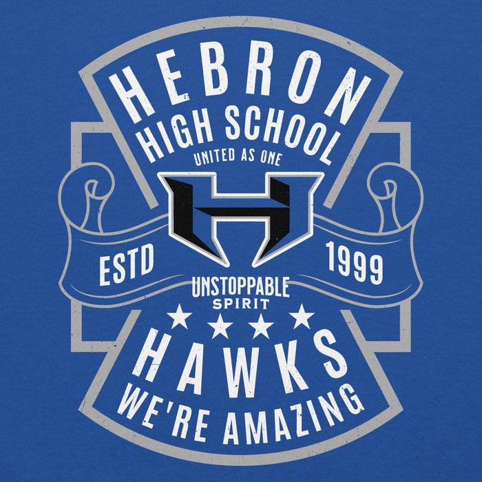 Close-up view of Hebron High School Hawks Royal Blue Classic Unisex Hoodie 207