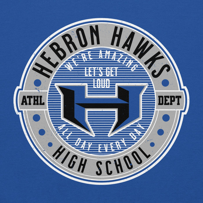 Close-up view of Hebron High School Hawks Royal Blue Classic Unisex Hoodie 224