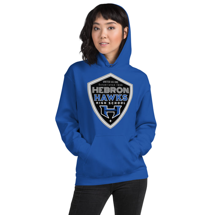 Woman wearing Hebron High School Hawks Royal Blue Classic Unisex Hoodie 225
