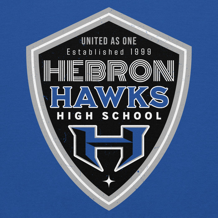 Close-up view of Hebron High School Hawks Royal Blue Classic Unisex Hoodie 225