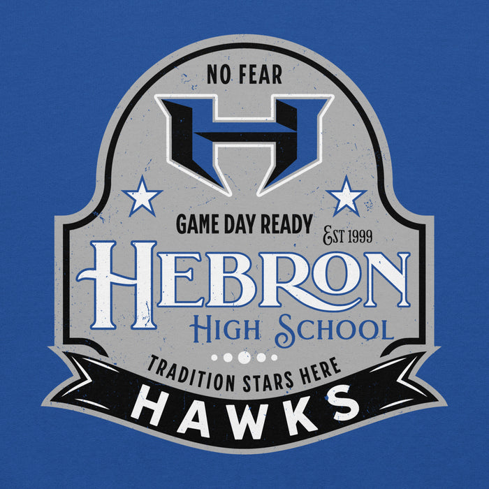 Close-up view of Hebron High School Hawks Royal Blue Classic Unisex Hoodie 219