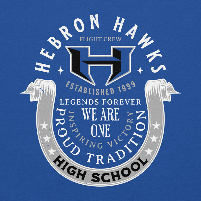 Close-up view of Hebron High School Hawks Royal Blue Classic Unisex Hoodie 229