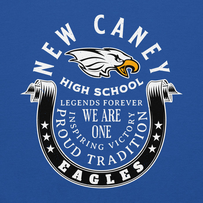 Close-up view of New Caney High School Eagles Royal Blue Classic Unisex Hoodie 229
