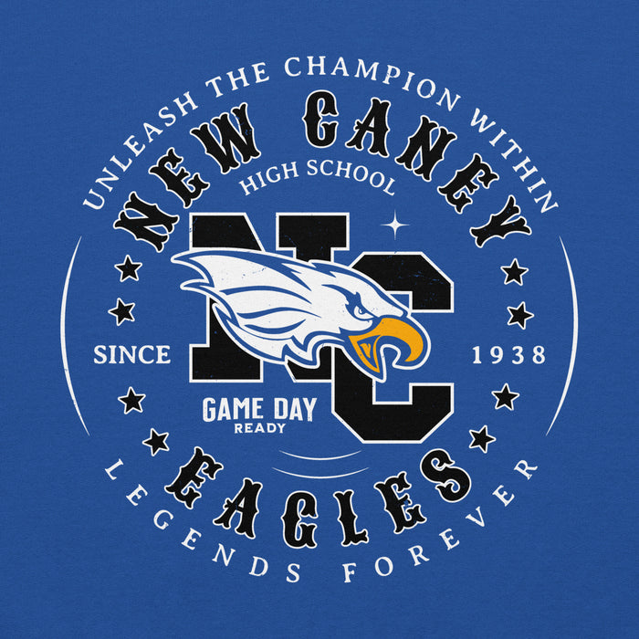 Close-up view of New Caney High School Eagles Royal Blue Classic Unisex Hoodie 214