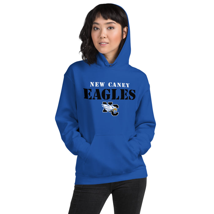 Woman wearing New Caney High School Eagles Royal Blue Classic Unisex Hoodie 017