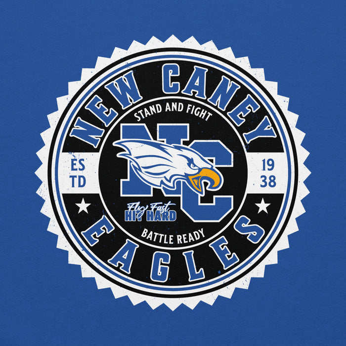 Close-up view of New Caney High School Eagles Royal Blue Classic Unisex Hoodie 203