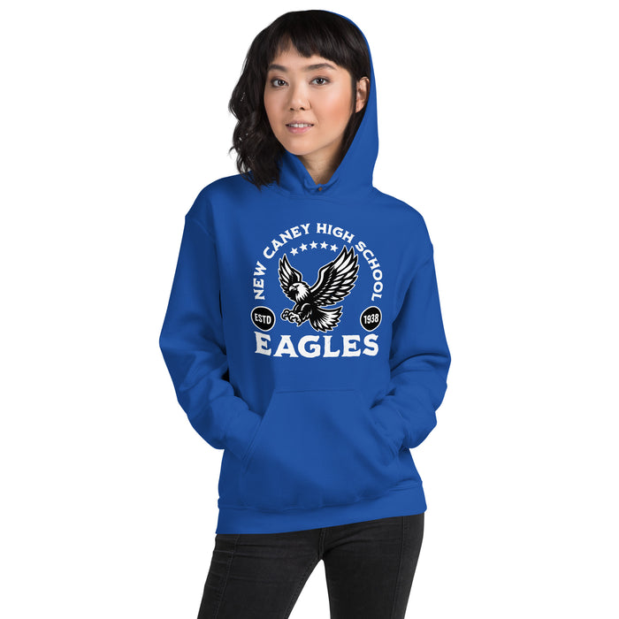Woman wearing New Caney High School Eagles Royal Blue Classic Unisex Hoodie 208