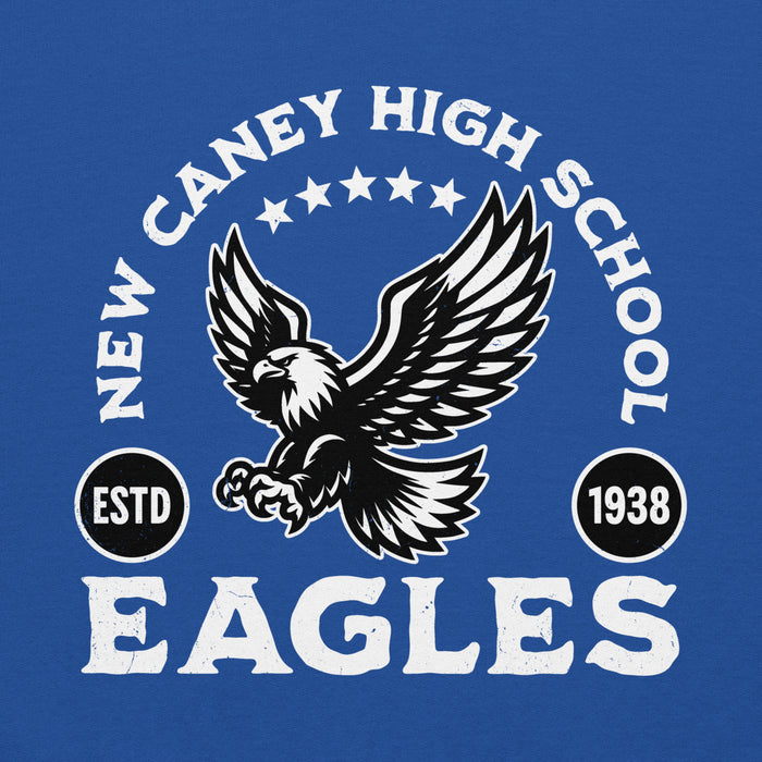 Close-up view of New Caney High School Eagles Royal Blue Classic Unisex Hoodie 208